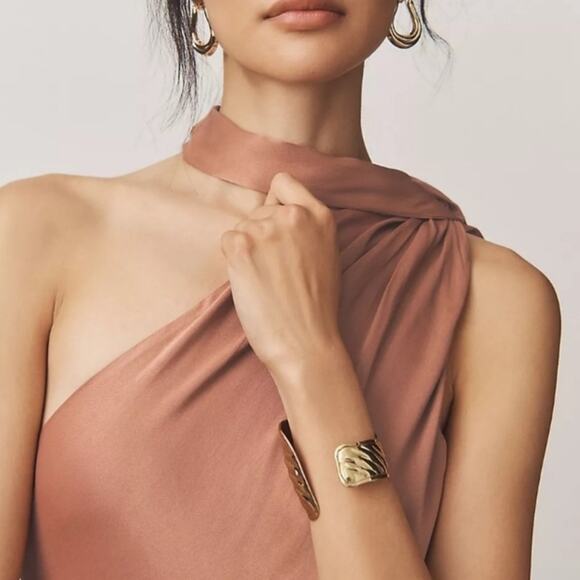 BHLDN Anthropologie Nicoletta One Shoulder Scarf Satin Midi Dress Cedar Brown XL - Picture 4 of 15